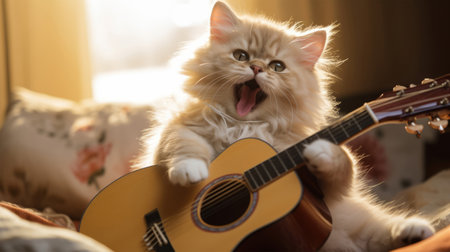 Cute persian kitten playing guitar at home. Pet concept.の素材