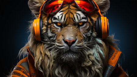 Portrait of a tiger wearing headphones and sunglasses on a dark background.の素材