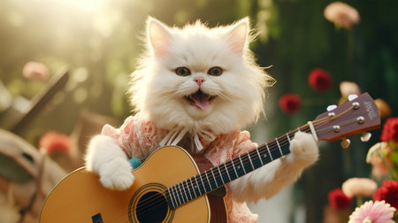 Cute cat playing guitar and singing in the garden at sunset.の素材