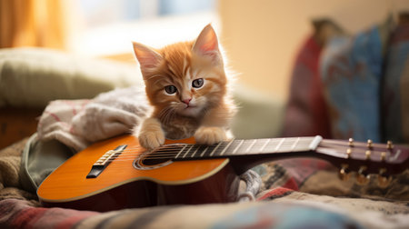 Cute ginger kitten playing guitar on the sofa in the living roomの素材