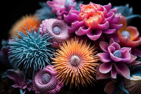 Colorful artificial flower decoration on black background. Selective focus.