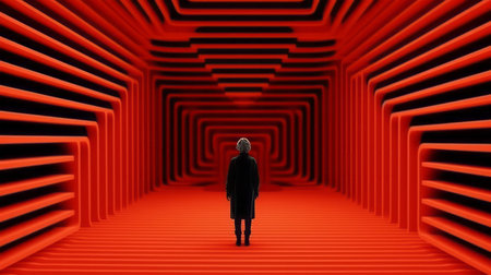 A man in a black coat stands in a red tunnel. 3D renderingの素材