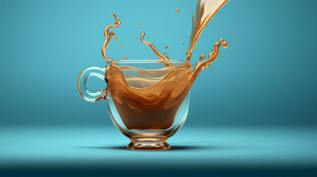 Cup of coffee with a splash on a blue background. 3d renderingの素材