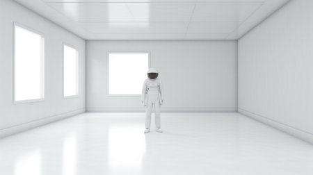 Astronaut in empty white room. 3D rendering illustration.の素材