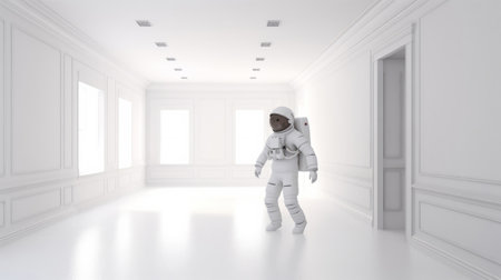 Astronaut in a white empty room. 3D rendering.の素材