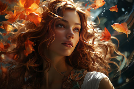 Portrait of a beautiful girl with long red hair and golden fishの素材