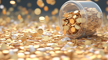 Golden coins spilling out of a jar. 3D Rendering.の素材