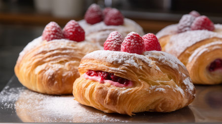 Tasty croissants with raspberries and icing sugar on tableの写真素材