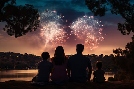 Silhouette of a family sitting on a lake and watching fireworks.の素材