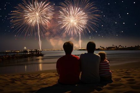 Silhouette of father and son watching fireworks on the beach at nightの素材