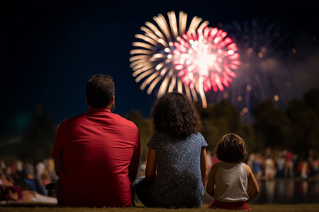 Back view of family sitting on grass with firework in the backgroundの素材