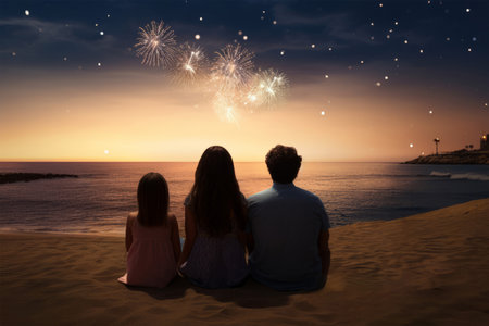Happy family sitting on the beach and watching fireworks in the sky.の素材