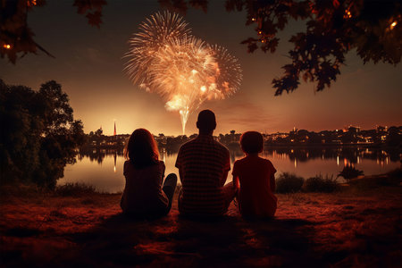 Silhouette of a family sitting on the bank of the river and watching fireworksの素材