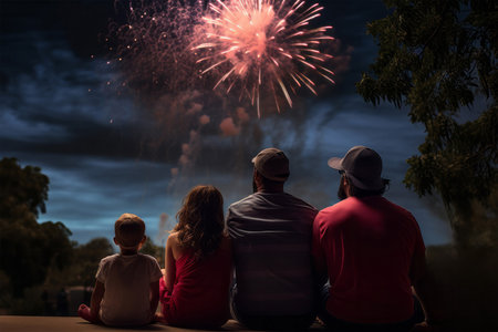 Happy family watching fireworks at night. New year and Christmas concept.の素材