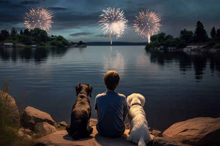 Young man and his dog watching fireworks on a lake at night.の素材