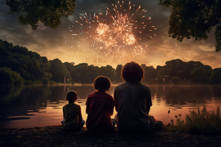 Happy family watching fireworks in the evening at the lake. Family holiday conceptの素材