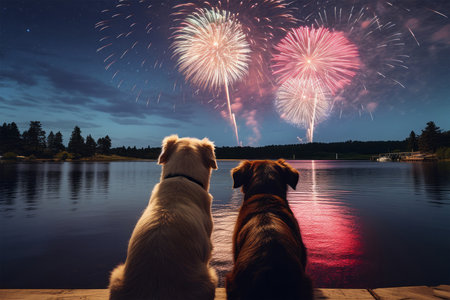 A dog and a firework in the night sky over the lakeの素材