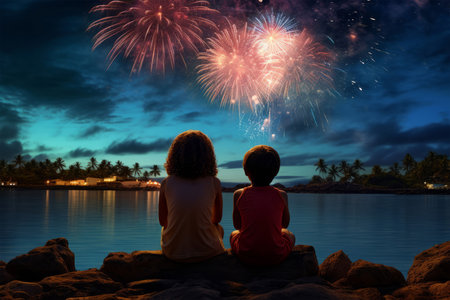 Silhouette of a boy and girl watching fireworks over the seaの素材