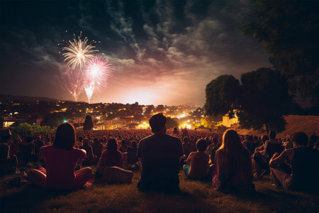 Group of people watching fireworks at night in Prague, Czech Republic.の素材