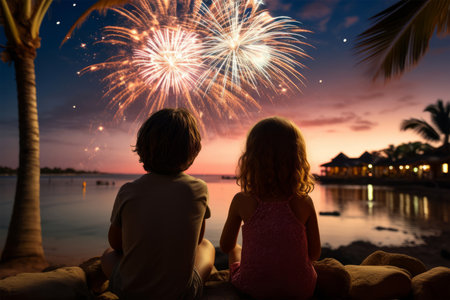 Cute little girl and boy watching fireworks on the beach at sunsetの素材