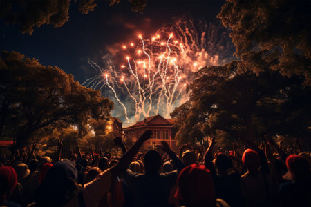 Crowd of people and fireworks in the sky during a concert.の素材