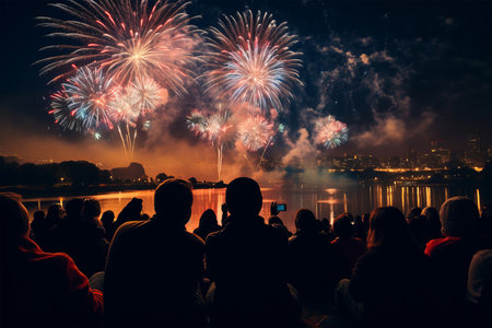 Group of people watching fireworks on the background of the river and cityの素材