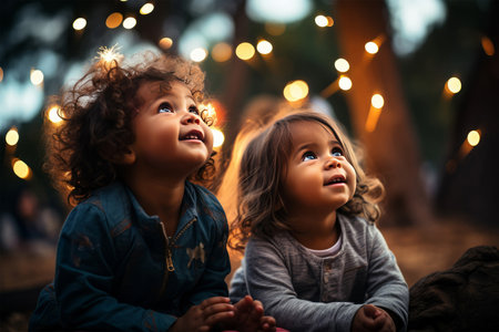 Portrait of two cute little girls in a park at night.の素材