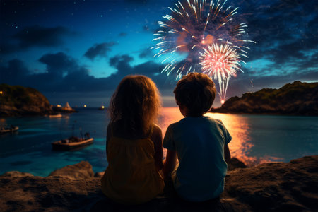 Children, boy and girl, watching fireworks on the background of the sea.の素材