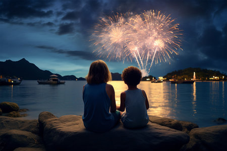 Happy mother and son watching fireworks on the beach at Phuket, Thailandの素材