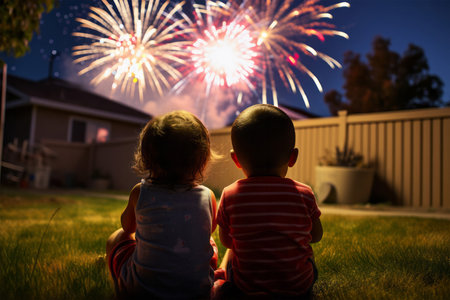 A boy and a girl sit on the grass with fireworks in the backgroundの素材