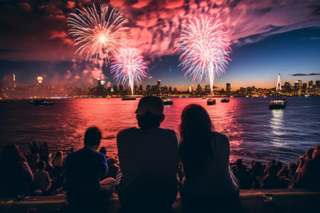 People watching the New York City Fireworks Festivalの素材