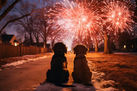 Two dogs sitting on the snow with fireworks in the background. Christmas concept.の素材