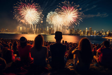 People watching the New York City Fireworks Festival in Manhattan.の素材