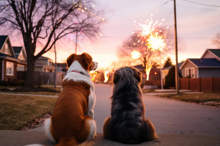 Adorable dogs and fireworks on the background of a beautiful sunset.の素材
