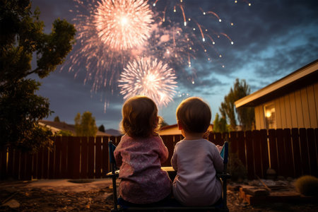 Two little girls sitting on a chair and watching a fireworks show.の素材