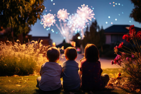 Little boy and girl sitting on the grass in front of fireworks.の素材