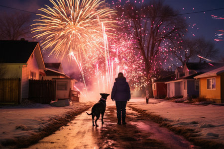 A man with a dog walks through the village on a winter evening with fireworks.の素材