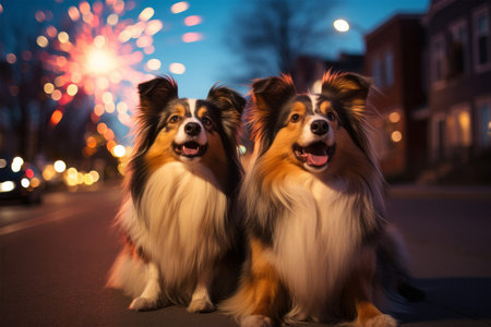 Three australian shepherd dogs sitting on the street in front of fireworksの素材