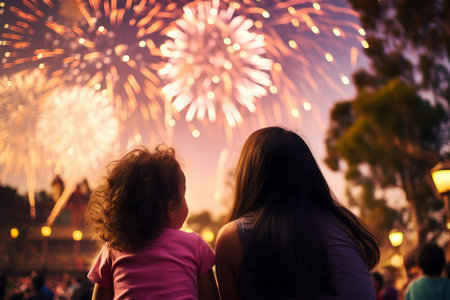 Young mother and her little daughter watching fireworks in the city park.の素材