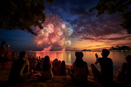 Group of people watching the fireworks on the beach at Pattaya, Thailandの素材