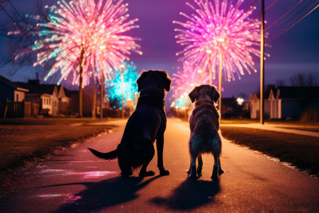 Two dogs standing in front of fireworks at night in the city.の素材