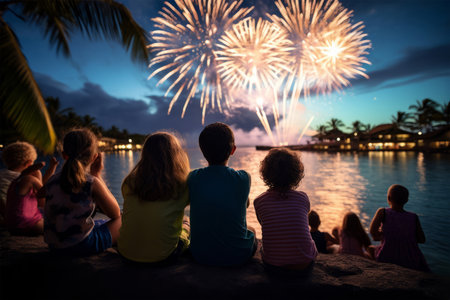 Group of kids watching fireworks on the beach during the summer holidays.の素材
