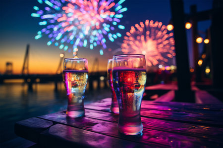Two glasses of beer and fireworks on the background of the sea.の素材