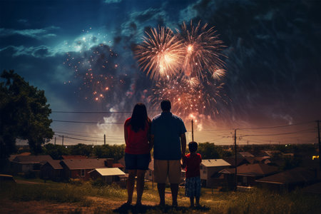 Happy family watching fireworks in the night sky. Back view of a man and a woman holding hands.の素材