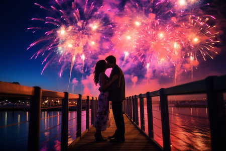 Silhouette of romantic couple kissing on wooden pier with fireworks in the backgroundの素材
