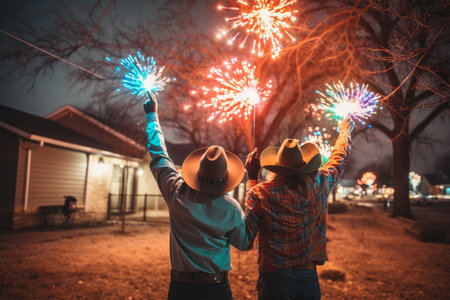 Couple in cowboy hats with fireworks on the background of the houseの素材