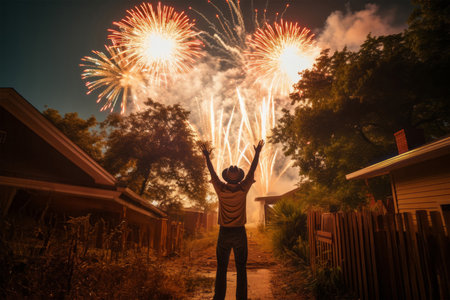 Young man standing in front of a house with fireworks in the backgroundの素材
