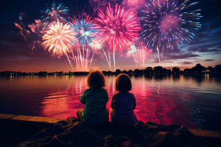 Two little girls sitting on the beach with fireworks in the background.の素材