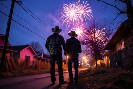 Back view of a loving couple looking at fireworks while standing on the streetの素材