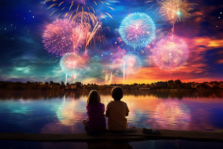 Children watching fireworks on the lake. Silhouette of a girl and boy.の素材